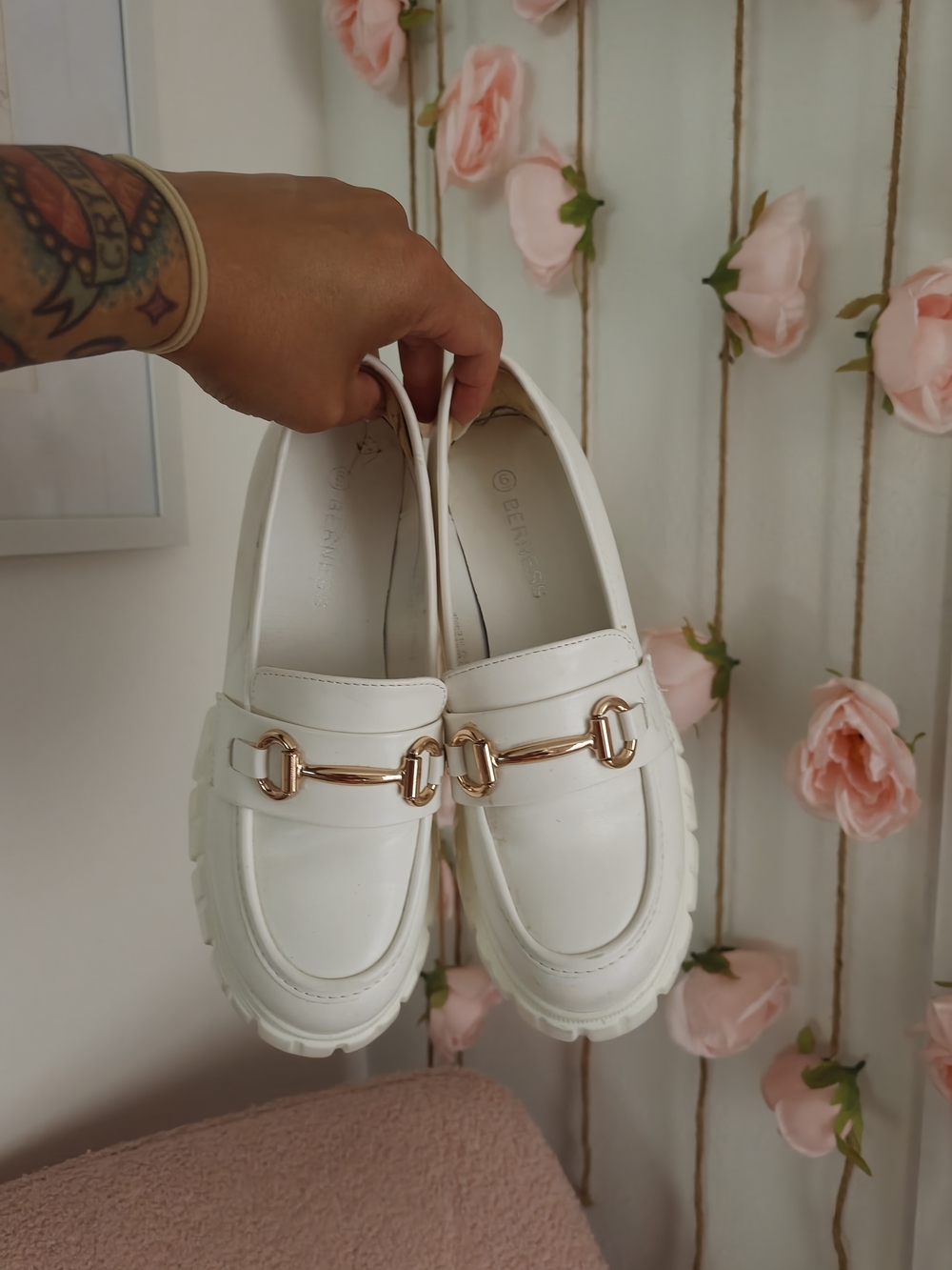 Women's White Chunky Loafers with Rose Gold Bit